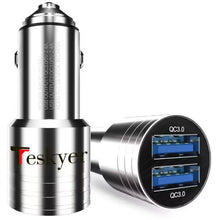 Load image into Gallery viewer, Teskyer USB Car Charger, Dual QC3.0 Port Mini 25W 4.8A Metal Fast Quick Car Charger Adapter, 2 Alloy Flush Fit Car Adapter, Compatible with iPhone 12/12 Pro/Max/XR/Xs/Max/X/8/7/Plus, iPad, Galaxy&amp; More
