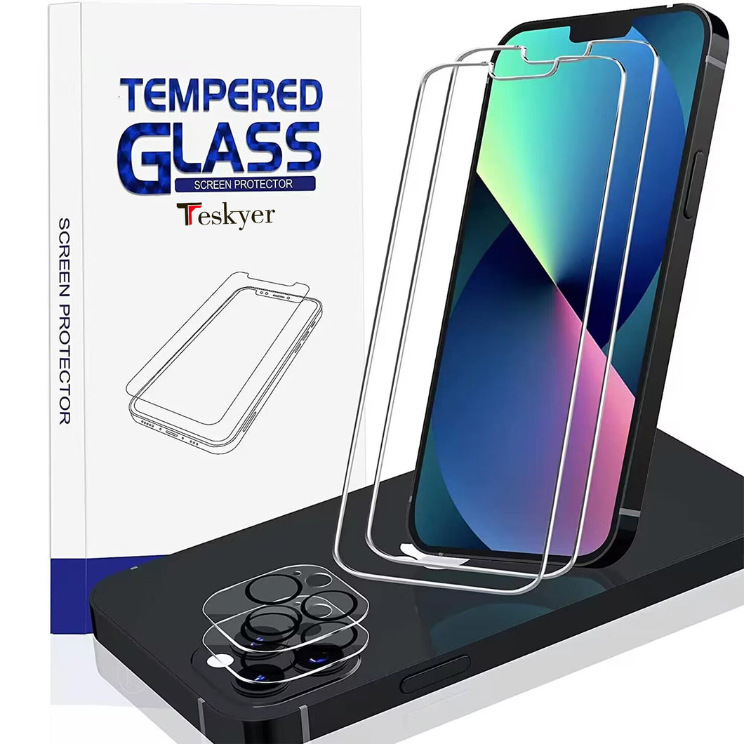Teskyer 2 Pack Camera Lens Protector for iPhone 13 Pro + 2 Pack Screen Protector Clear, 9H Hardness Anti-Crack HD Tempered Glass Film, 6.1 inch