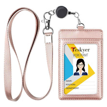 Load image into Gallery viewer, Teskyer ID Badge Holder with Retractable Lanyard, Easy Swipe Premium PU Leather ID Card Holder with 2 Card Slots for Work ID, School ID, Metro Card and Access Card