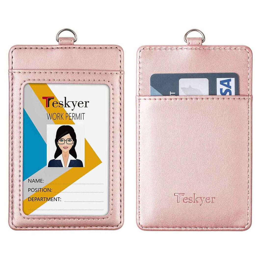 Teskyer Leather ID Badge Holder, Vertical PU Leather ID Badge Holder with 1 Clear ID Window-Rose Gold
