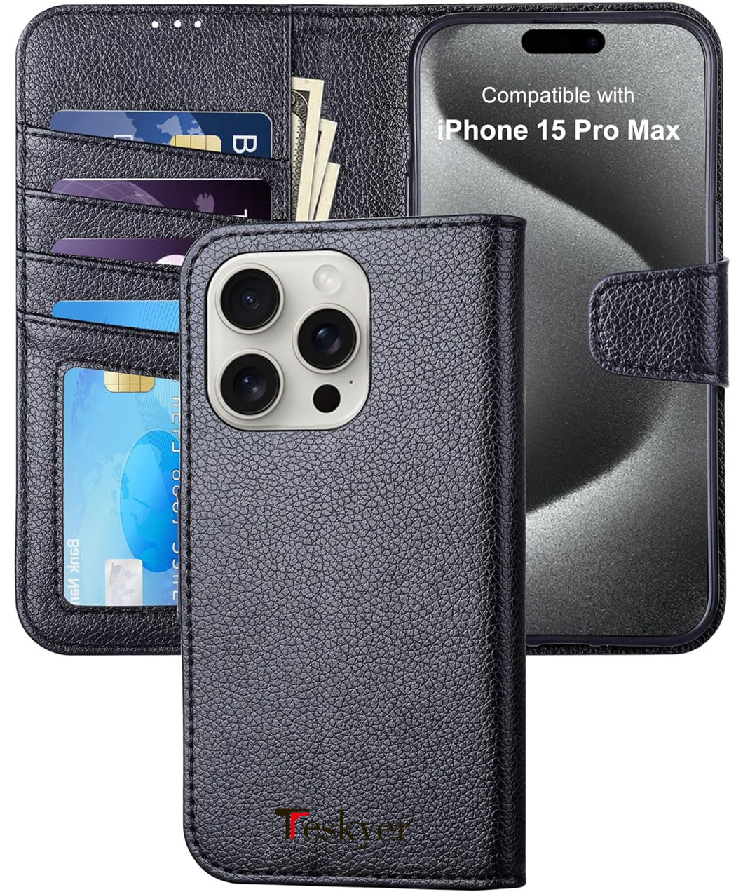 Teskyer for iPhone 15 Pro Max 6.7’’ Wallet Case, PU Leather Flip Folio Case, RFID Blocking Card Holder Kickstand, Shockproof Phone Cover Double Magnetic Clasp