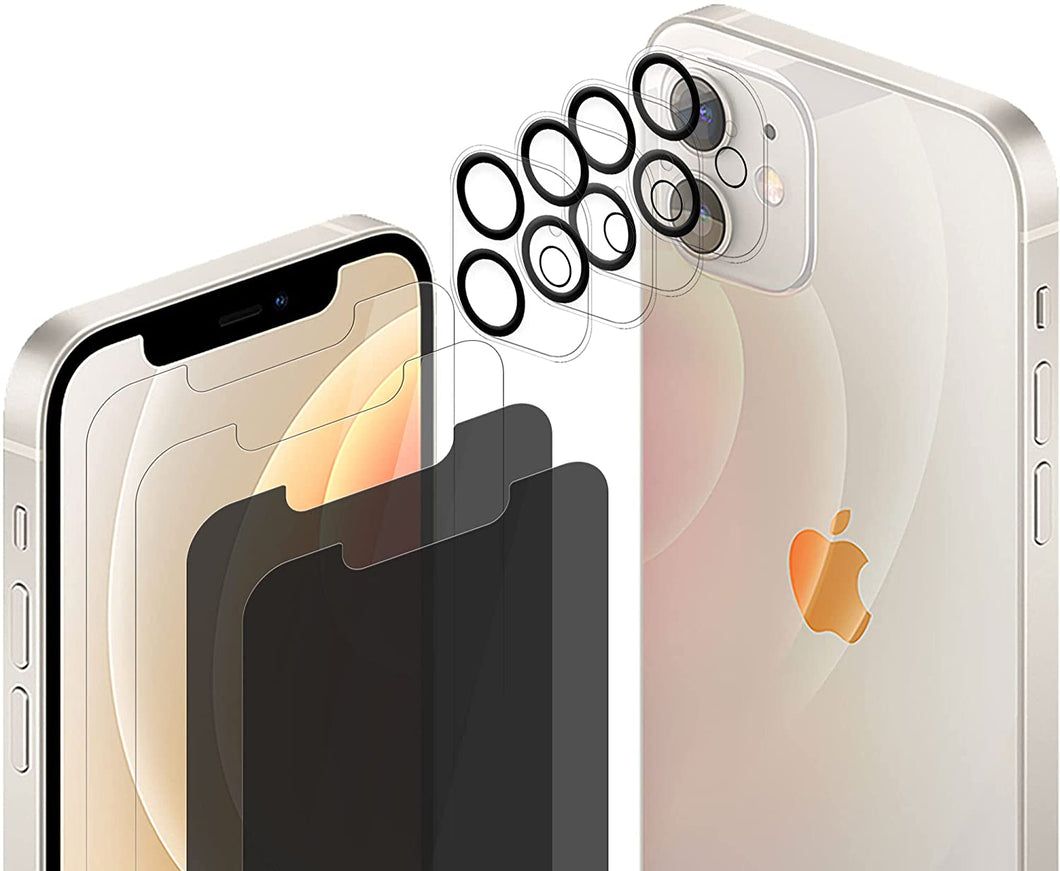 ULUQ Screen Protector for iPhone 12 (2 Pack) and 2 Pack Privacy Screen Protector for iPhone 12 with 4 Pack Camera Lens Protector Clear, 9H Hardness Anti Scratch HD Tempered Glass Film, 6.1inch
