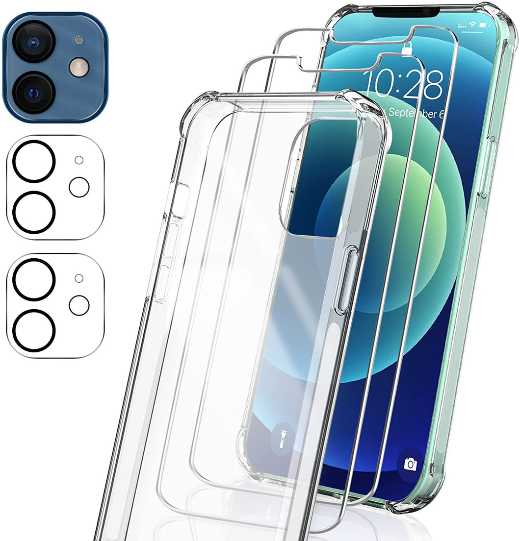 ULUQ [1+2+2]Compatible with iPhone 12 Case Crystal Clear, with 2 Pack Tempered Glass Screen Protector& 2 Pack Camera Lens Protector, Shockproof Protective Strong Grippy, Slim, 6.1inch