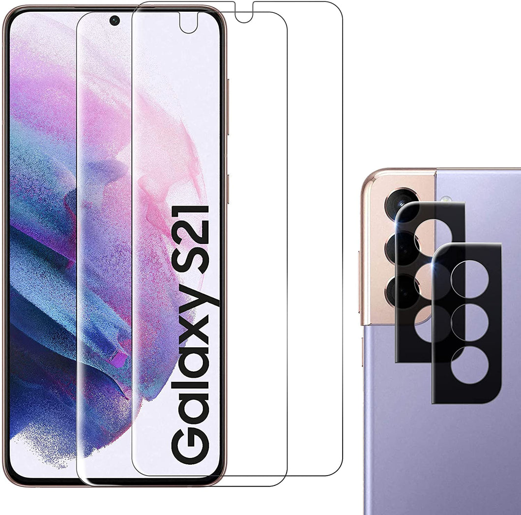 ULUQ Screen Protector for Samsung Galaxy S21 5G(2 Pack) with 2 Pack Camera Lens Protector, 9H Hardness, HD Tempered Glass Film, 6.2inch[Not for Samsung S21 Plus]