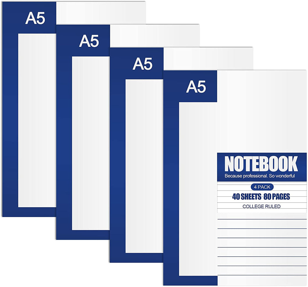 Teskyer 4 Pack College Ruled Notebooks for Work School, 80 Pages/40 Sheets Journal notebooks, 5.5