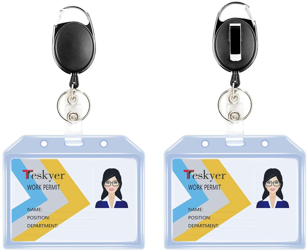 Teskyer 2 Pack Heavy Duty Retractable Badge Holders with Carabiner Reel Clip and Style Extra Thick Soft Clear Name Tag ID Card Holders, Horizontal