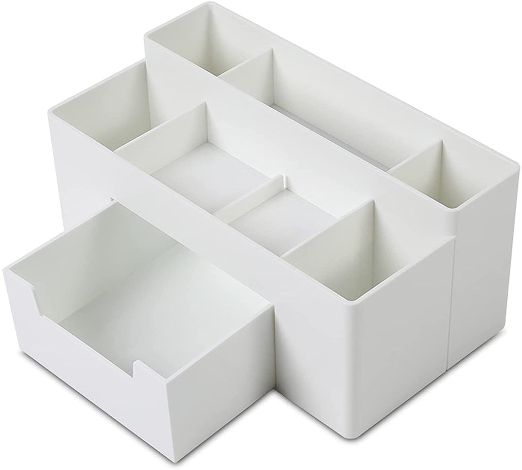 Teskyer Desk Organizer Pen Holder, Desk Accessories and Workspace Organizer with 7 Compartments and Drawer for Storage Office Supply, White
