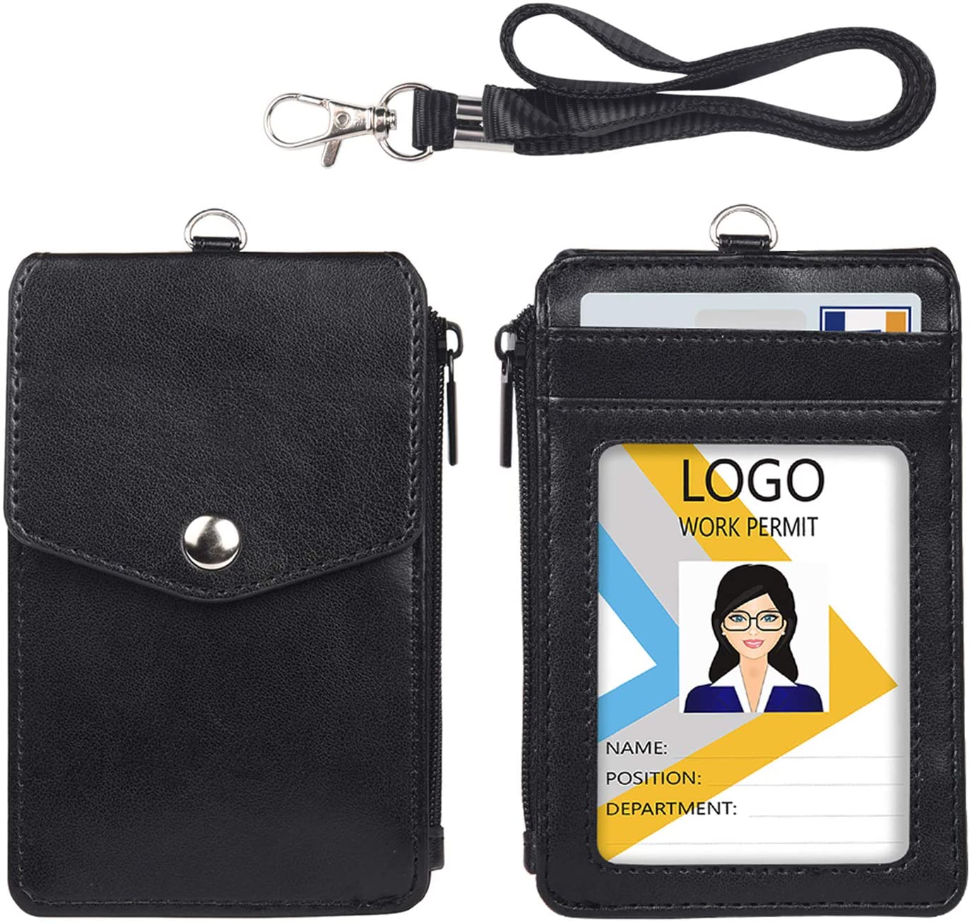 Badge Holder with Zipper, ELV PU Leather ID Badge Card Holder