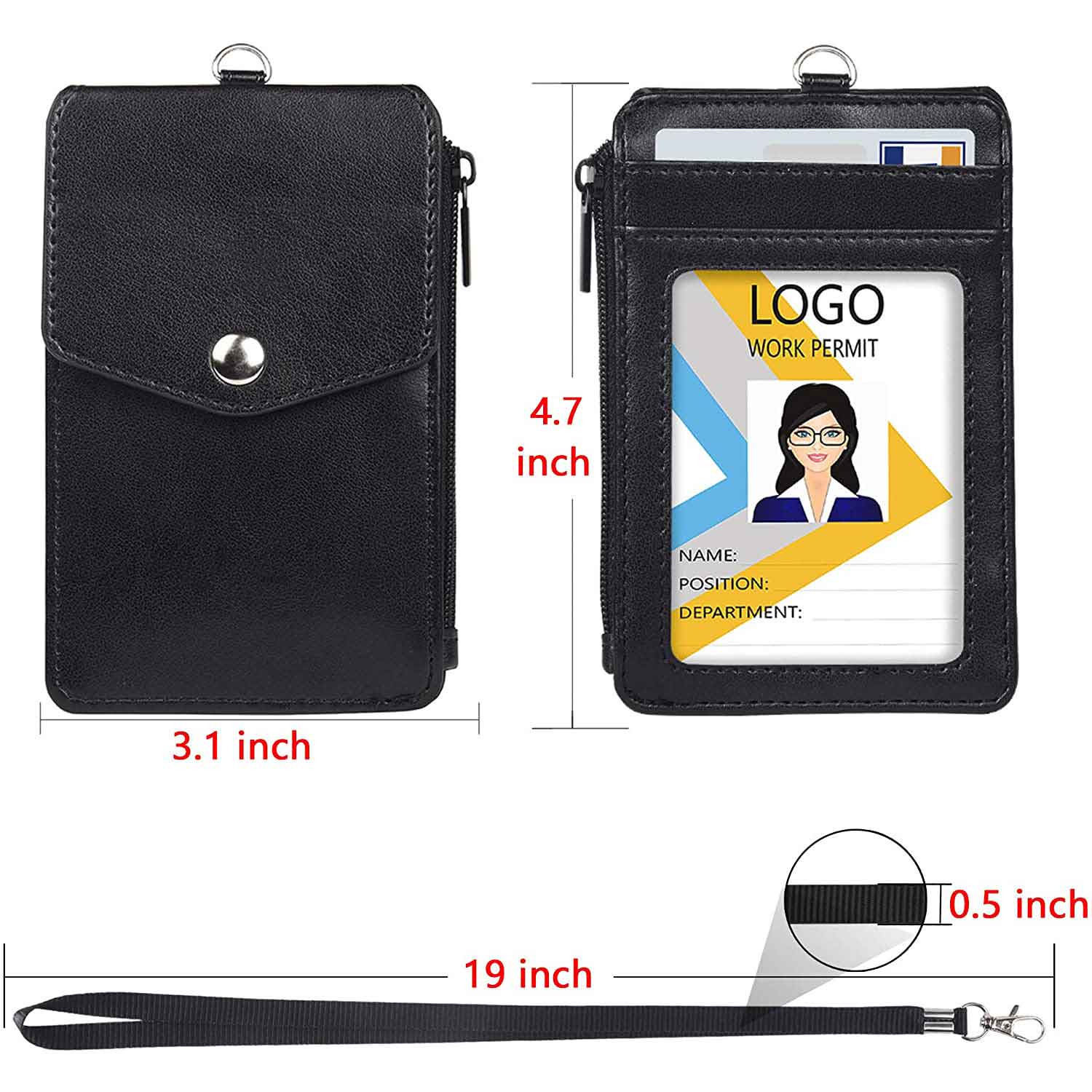 Badge Holder with Zipper, EEEkit PU Leather ID Badge Card Holder Wallet  with 1 ID Window, 4 Card Slots, 1 Side Zipper Blocking Pocket for Offices ID,  School ID, Driver Licence, Black/Blue 