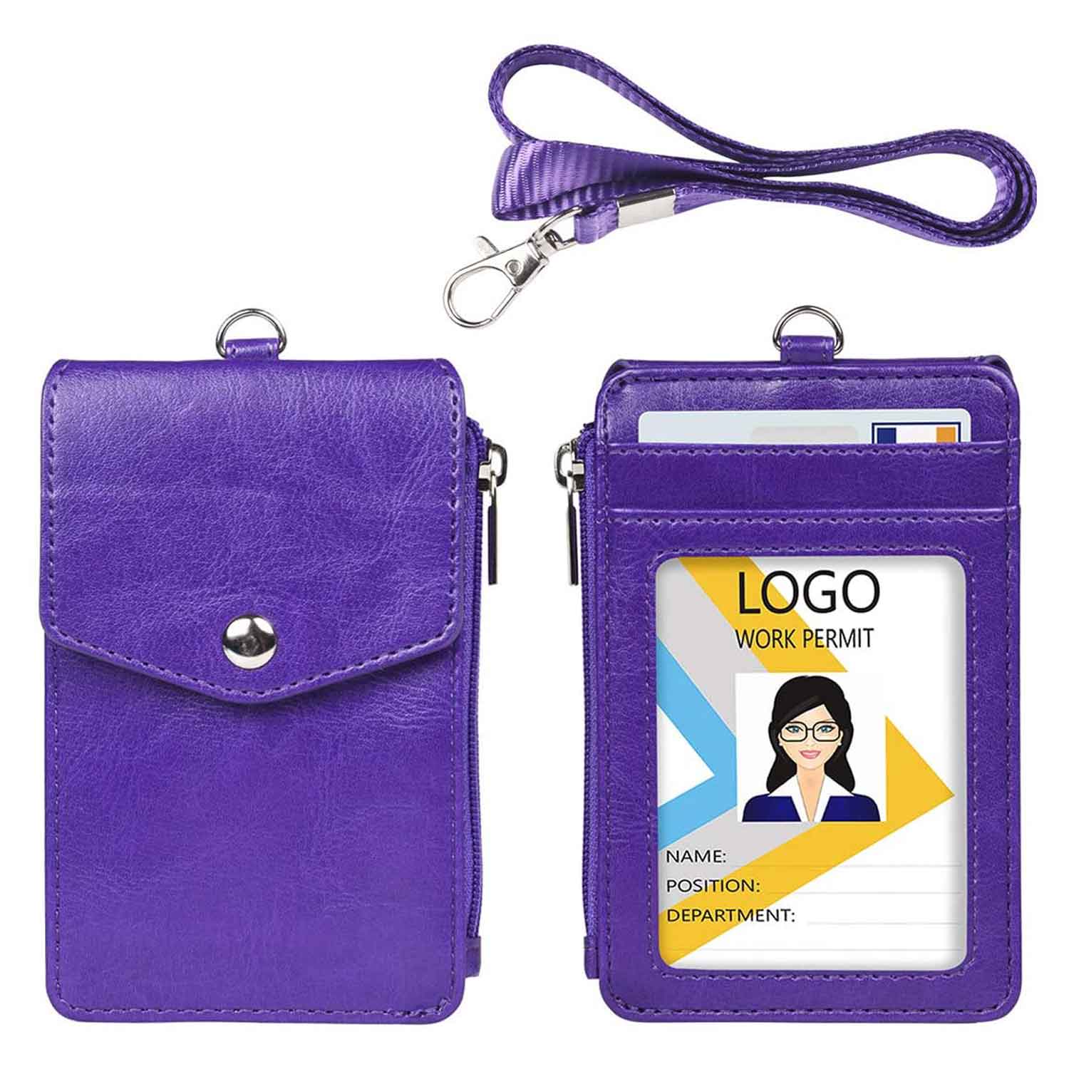 Badge Holder with Zipper, PU Leather ID Badge Card Holder Wallet