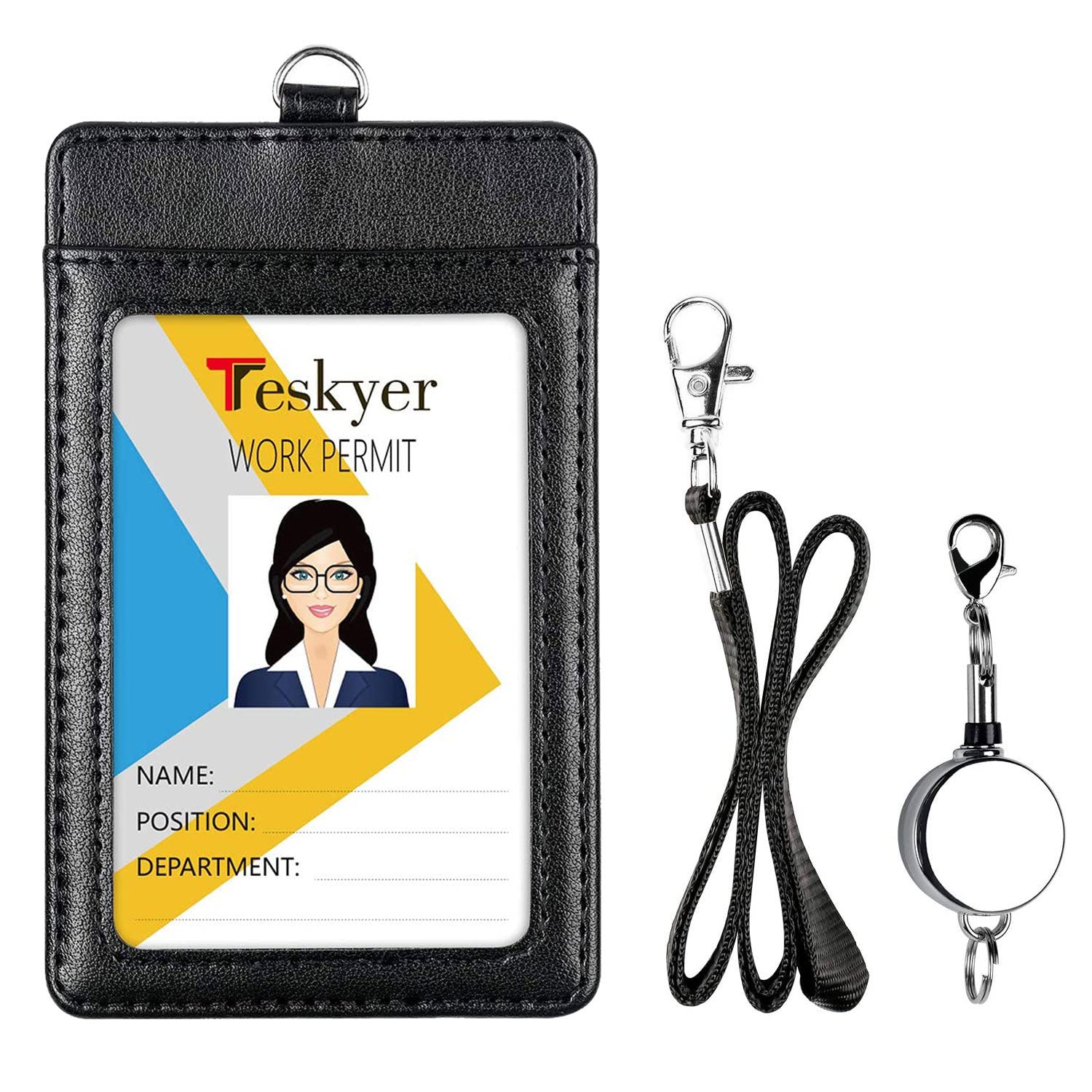 PU Leather Badge Holder with Retractable Lanyard ID Card Holder Name Tag  Case