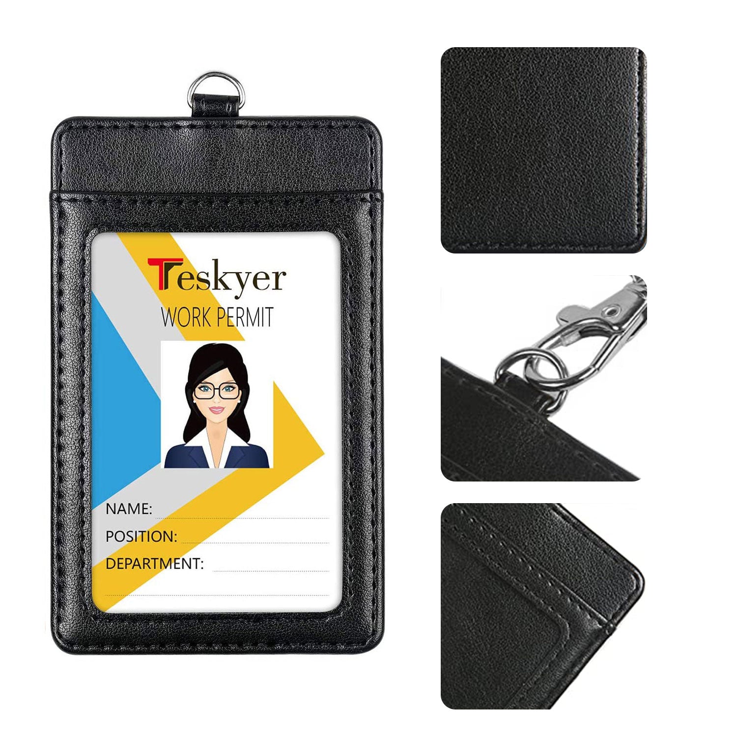 ELV Badge Holder with Zipper and Lanyard, PU Leather ID Badge Card