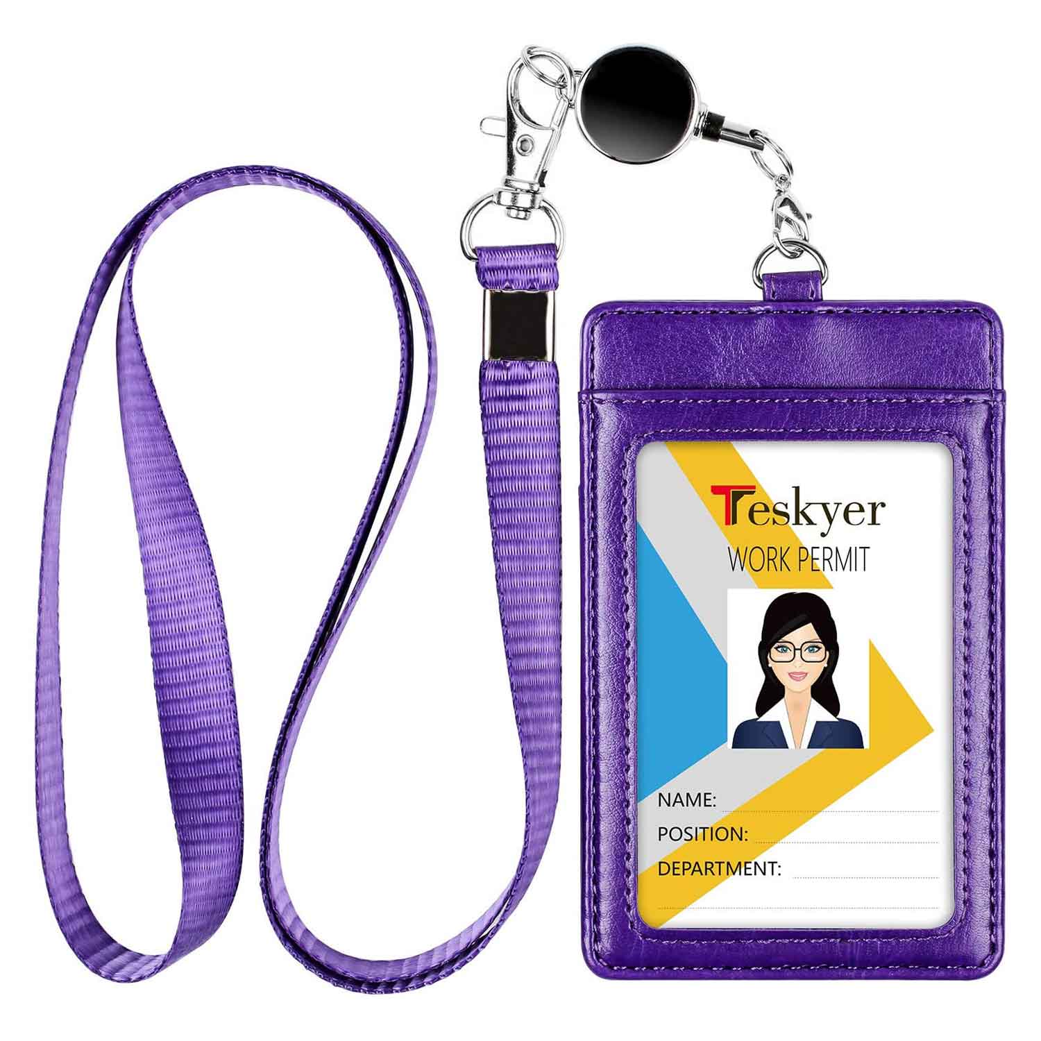 ELV Badge Holder with Zipper and Lanyard, PU Leather ID Badge Card Holder  Wallet