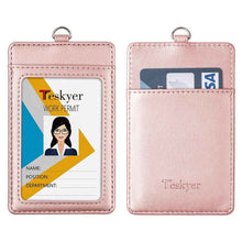 Load image into Gallery viewer, Teskyer Leather ID Badge Holder, Vertical PU Leather ID Badge Holder with 1 Clear ID Window-Rose Gold

